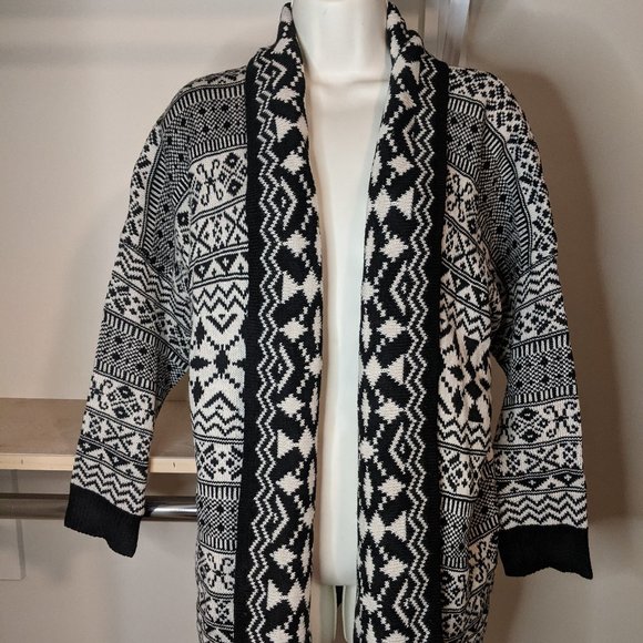 Sacred Threads Black and White Fair Isle Knit Open Front Oversized Cardigan - Picture 1 of 4